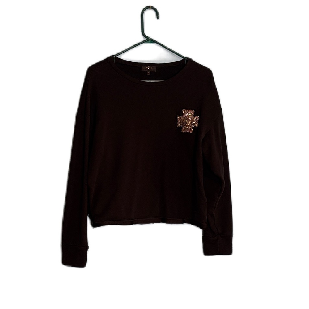 7 For All Mankind Crystal Cross Flower Patch Black Crewneck Sweater Size L